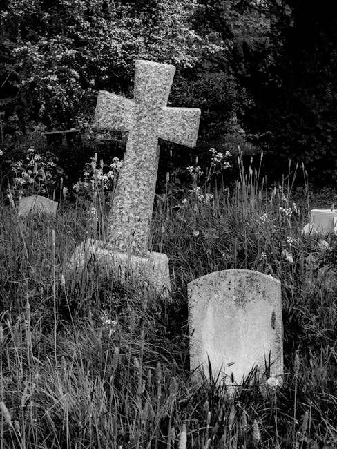 Black and white photograph of an outdoor cemetery scene showing a weathered stone cross leaning at an angle amidst tall grass and small wildflowers. Several other headstones are visible in the background, some partially obscured by foliage. The surrounding area appears unkempt, with dense trees and bushes providing a natural backdrop. The scene suggests a peaceful but aged burial site, with natural light illuminating the scene, highlighting texture and weathering on the gravestones. As part of a house removal or relocation process, Man with Van Northolt emphasizes careful handling of outdoor monuments during property clearance or move logistics, although no active moving process is visible in the image.